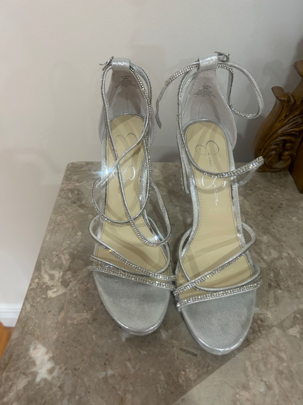 Jessica Simpson Silver Rhinestone Strappy High Heel Sandals
